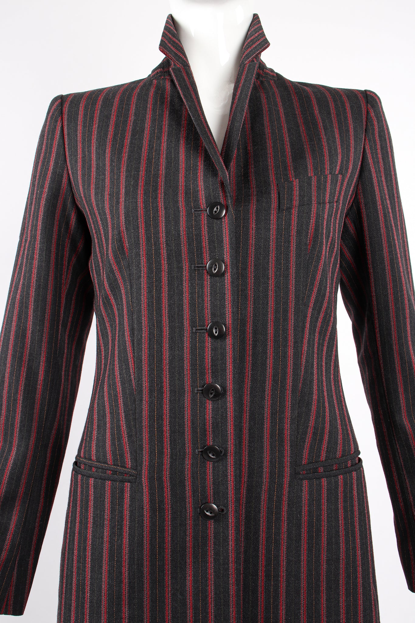 Vintage Kenzo Longline Pinstripe Jacket & Pant Suit on Mannequin pop collar at Recess Los Angeles