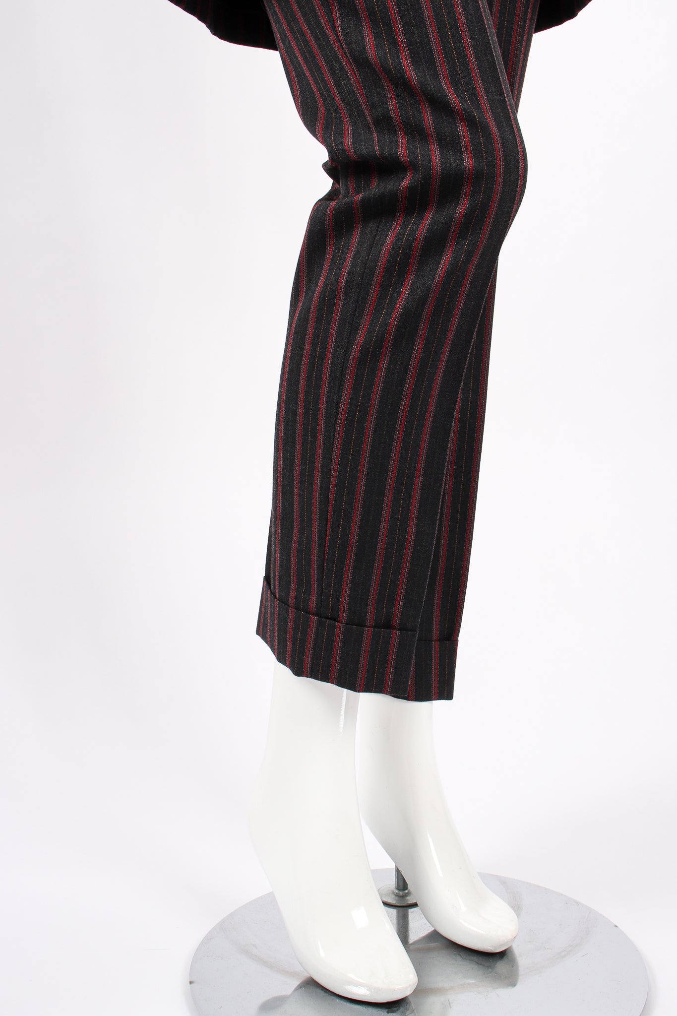 Vintage Kenzo Longline Pinstripe Jacket & Pant Suit on Mannequin pant cuff at Recess Los Angeles
