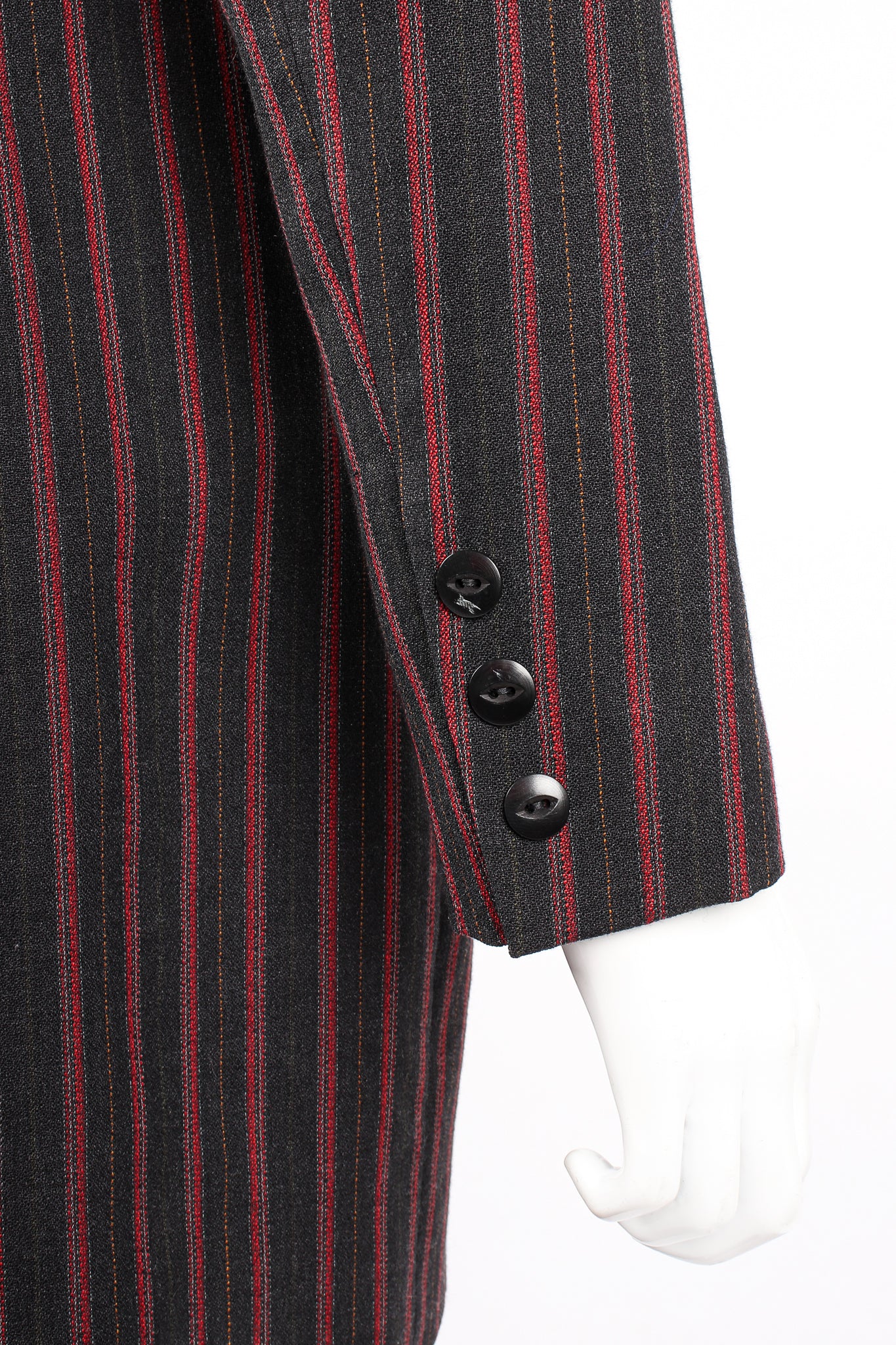 Vintage Kenzo Longline Pinstripe Jacket & Pant Suit on Mannequin sleeve cuffs at Recess LA