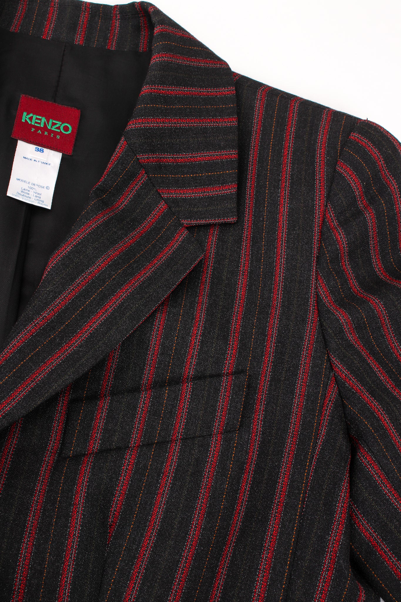 Vintage Kenzo Longline Pinstripe Jacket & Pant Suit handkerchief pocket at Recess Los Angeles