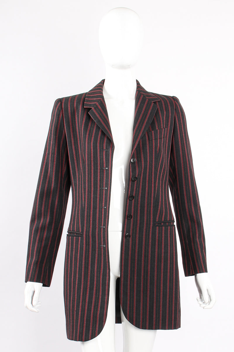 Vintage Kenzo Longline Pinstripe Jacket & Pant Suit on Mannequin open jacket at Recess Los Angeles
