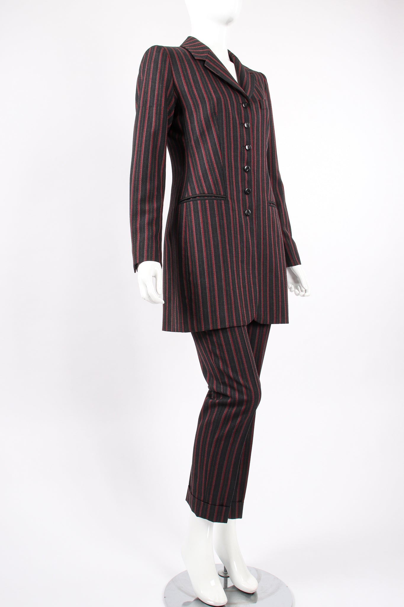 Vintage Kenzo Longline Pinstripe Jacket & Pant Suit on Mannequin angle at Recess Los Angeles