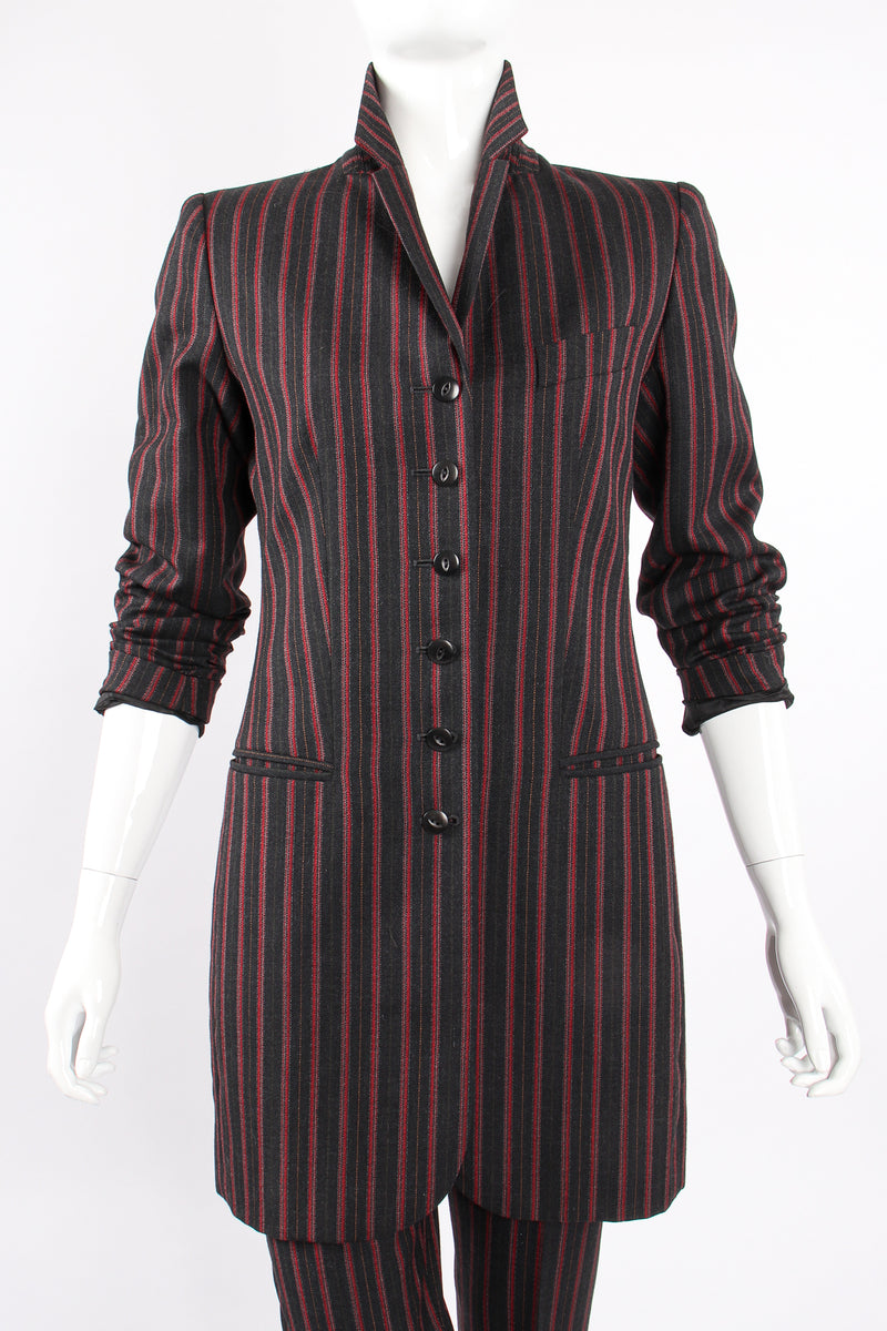 Vintage Kenzo Longline Pinstripe Jacket & Pant Suit on Mannequin pop collar at Recess Los Angeles
