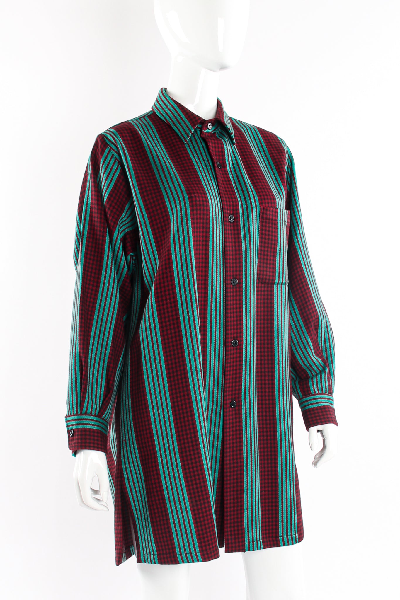 Vintage Kenzo Oversized Striped Plaid Shirt on mannequin at Recess Los Angeles (side crop)