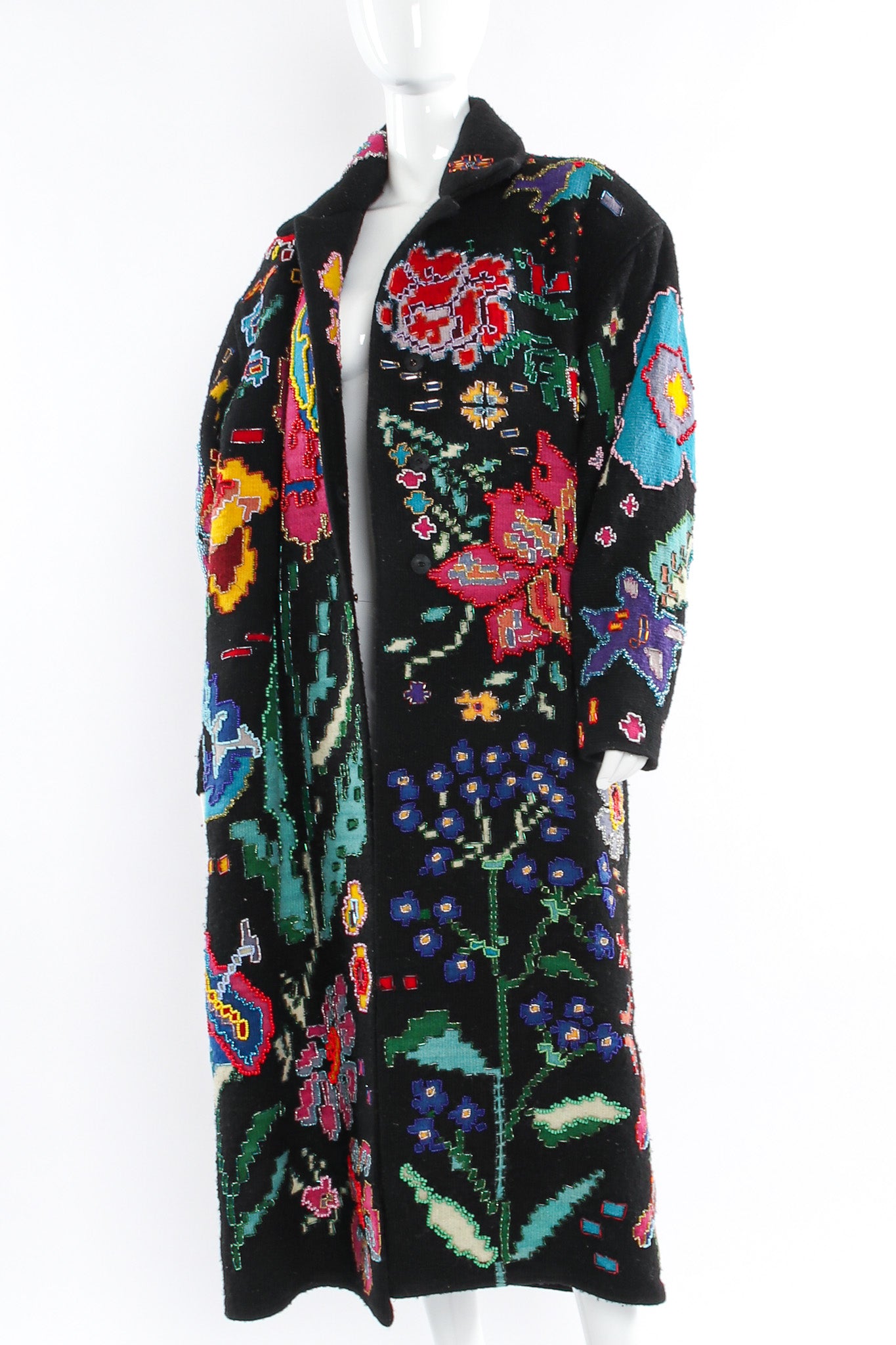 Vintage Krista Koeppe Floral Beaded Wool Overcoat mannequin close angle @ Recess LA
