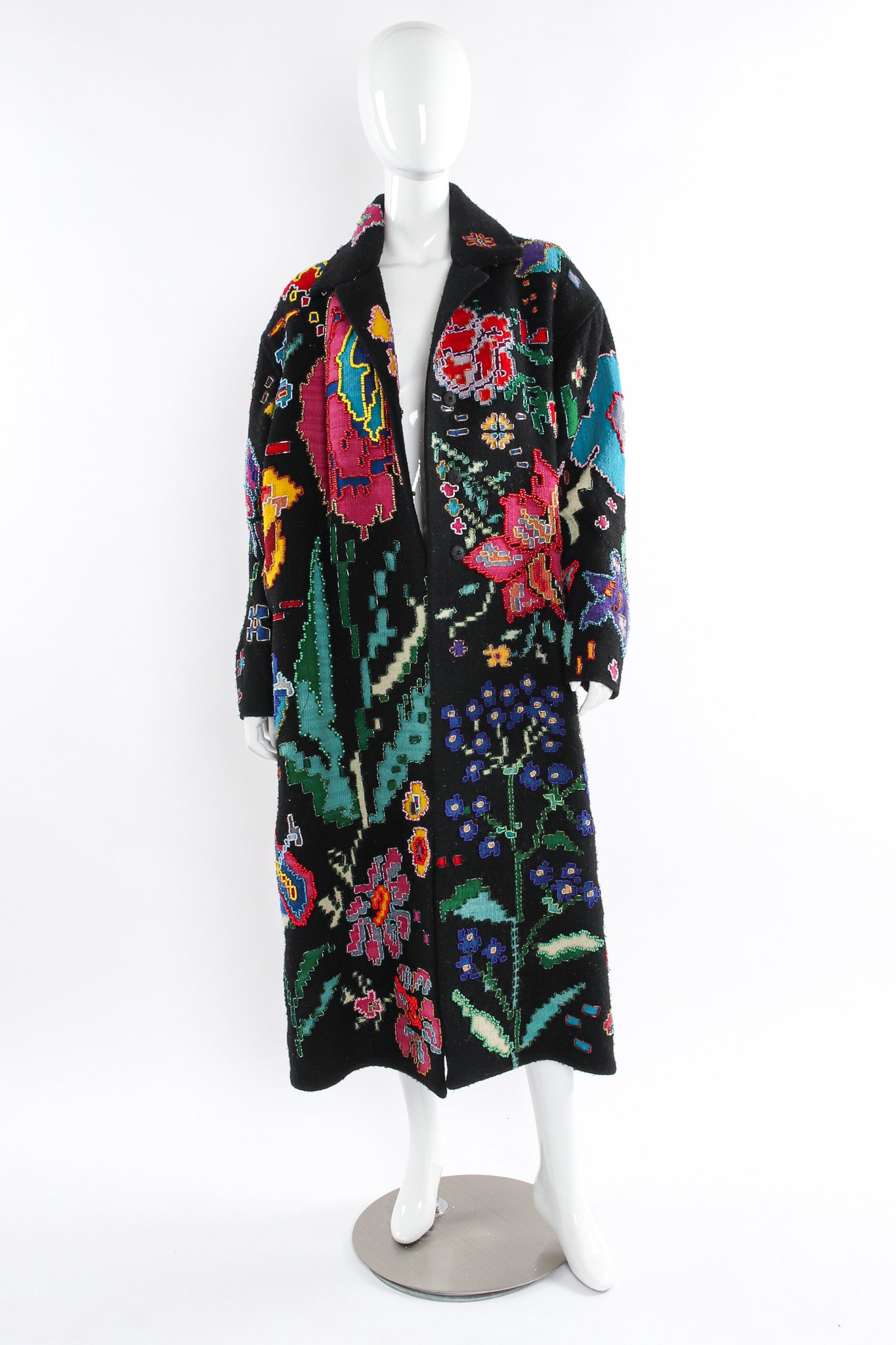 Vintage Krista Koeppe Floral Beaded Wool Overcoat mannequin unbuttoned front @ Recess LA
