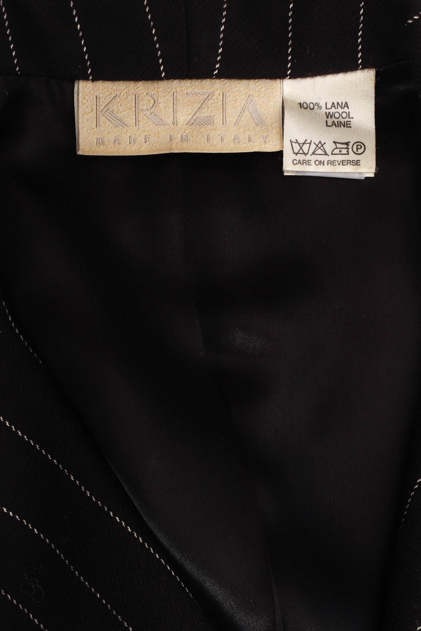Vintage Krizia Pinstripe High Slit Wool Coat label @ Recess Los Angeles