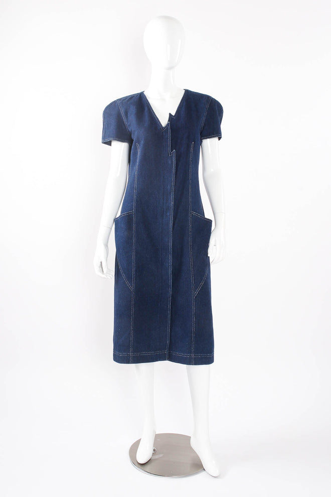Vintage Krizia Lightning Bolt Denim Dress on mannequin front at Recess Los Angeles