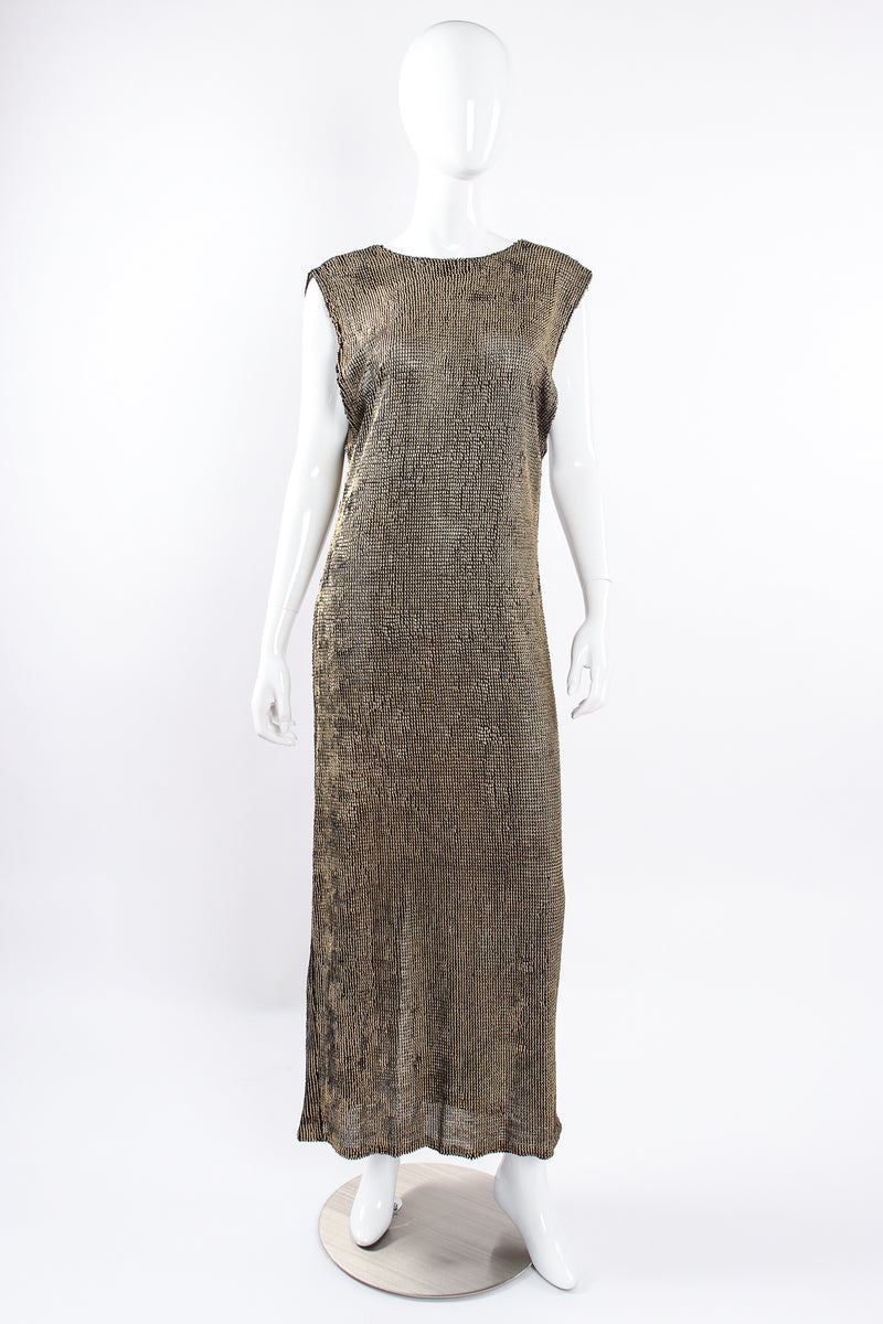 Vintage Krizia Reversible Liquid Metallic Painted Dress On Mannequin front at Recess Los Angeles