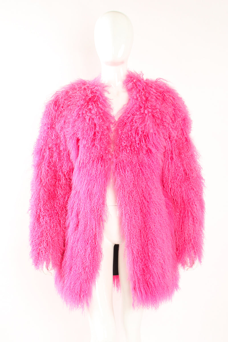 Vintage Krizia Hot pInk Slim Mongolian Fur Coat on Mannequin front open at Recess Los Angeles