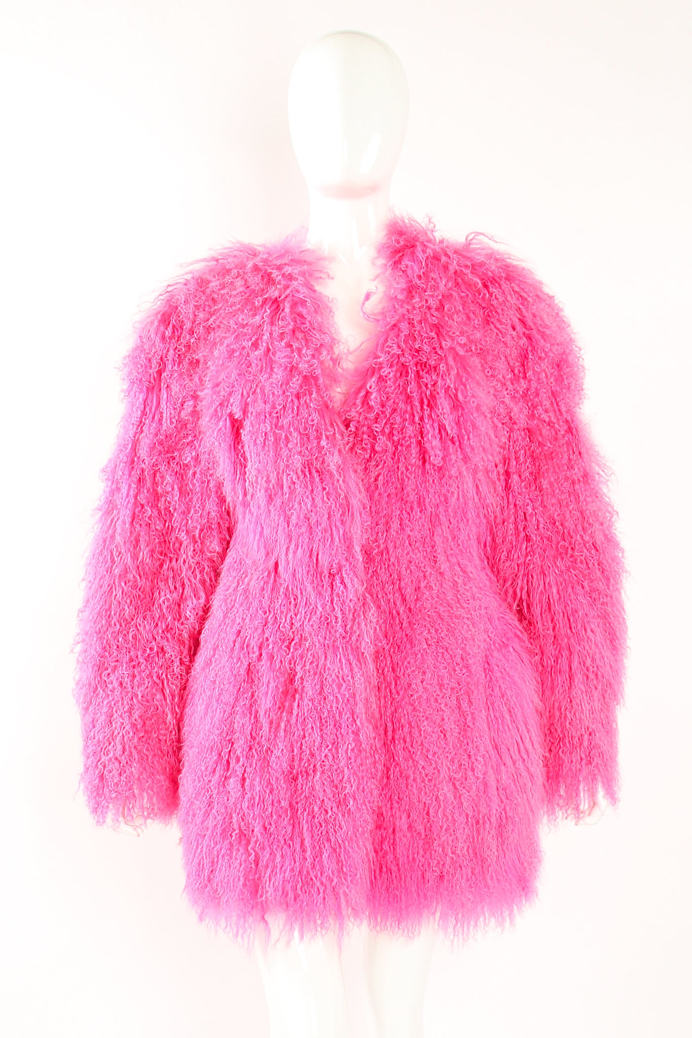 Vintage Krizia Hot pInk Slim Mongolian Fur Coat on Mannequin front at Recess Los Angeles