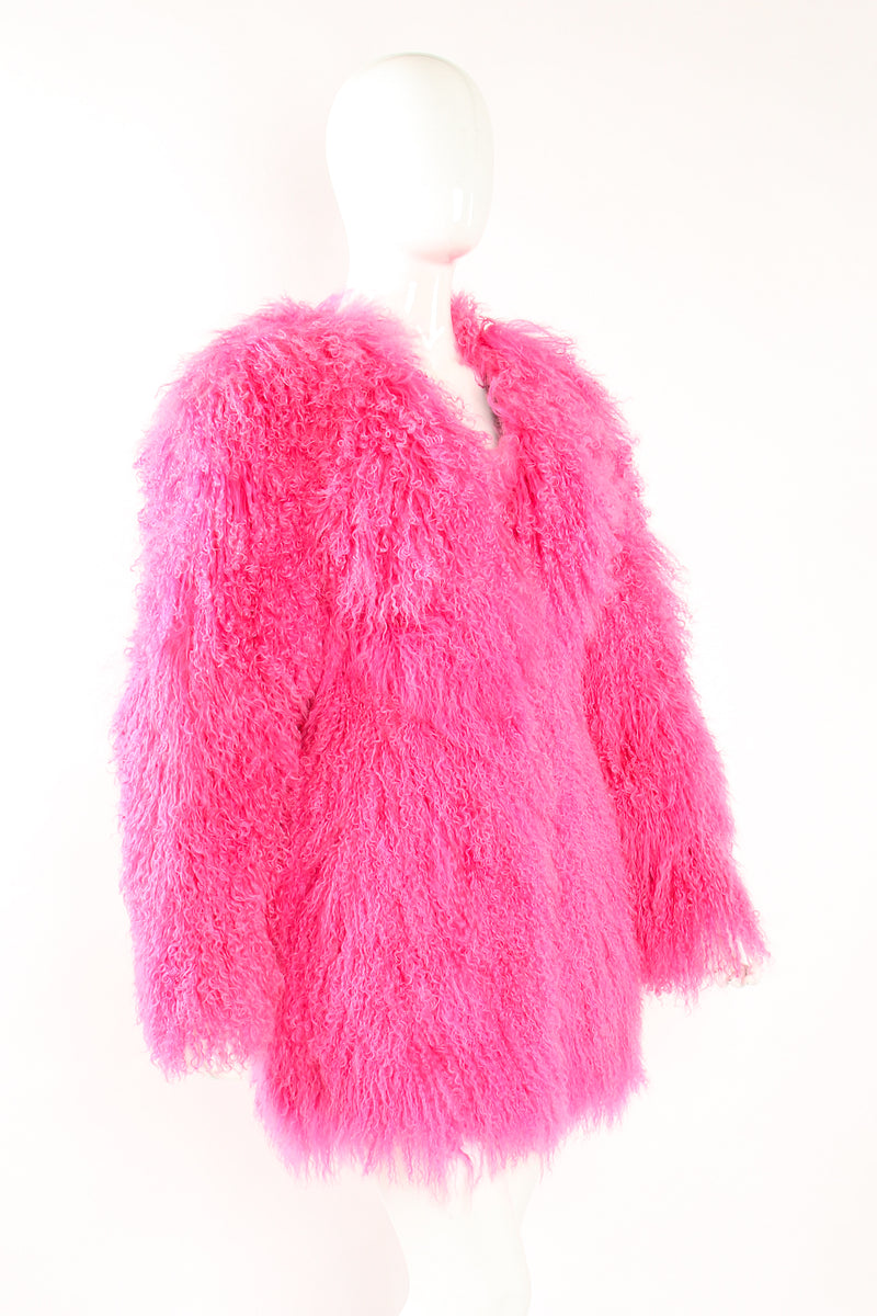 Vintage Krizia Hot pInk Slim Mongolian Fur Coat on Mannequin angle at Recess Los Angeles