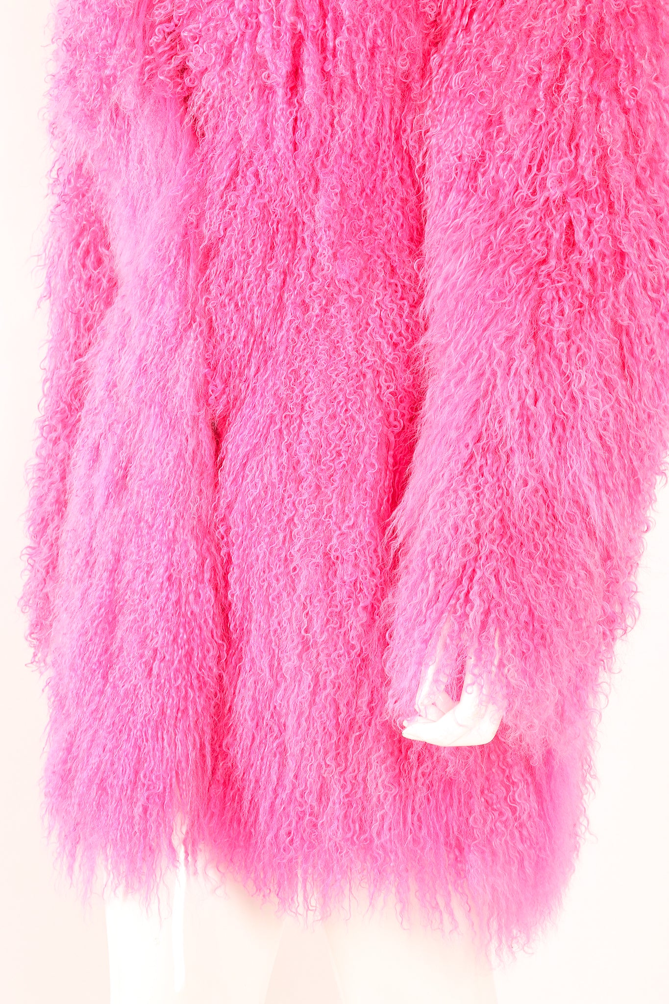 Vintage Krizia Hot pInk Slim Mongolian Fur Coat on Mannequin waist at Recess Los Angeles