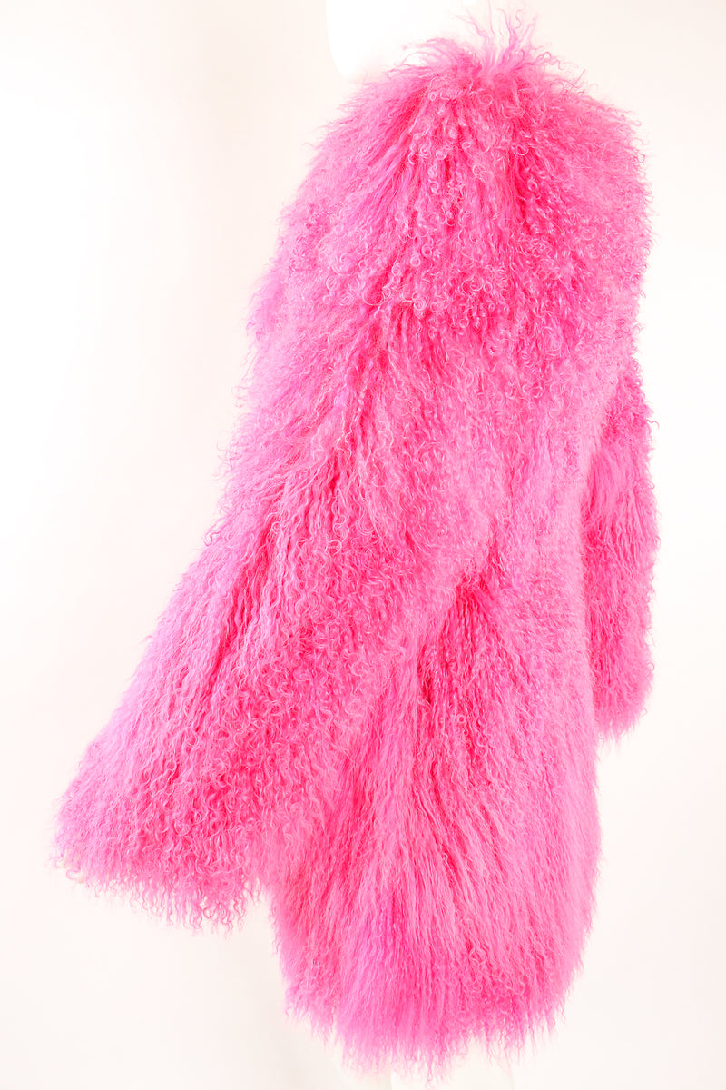 Vintage Krizia Hot pInk Slim Mongolian Fur Coat on Mannequin sleeve at Recess Los Angeles