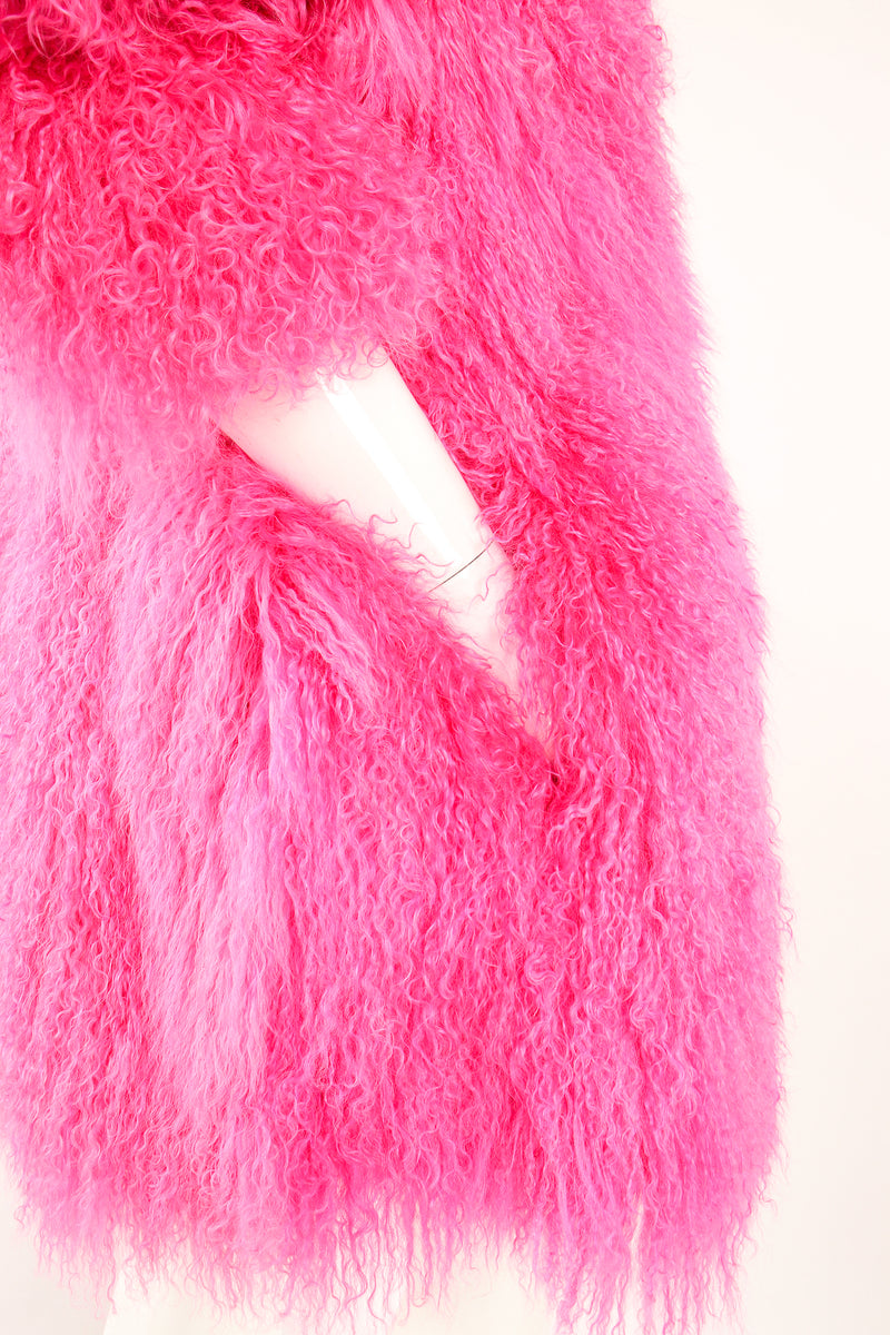 Vintage Krizia Hot pInk Slim Mongolian Fur Coat on Mannequin pocket at Recess Los Angeles