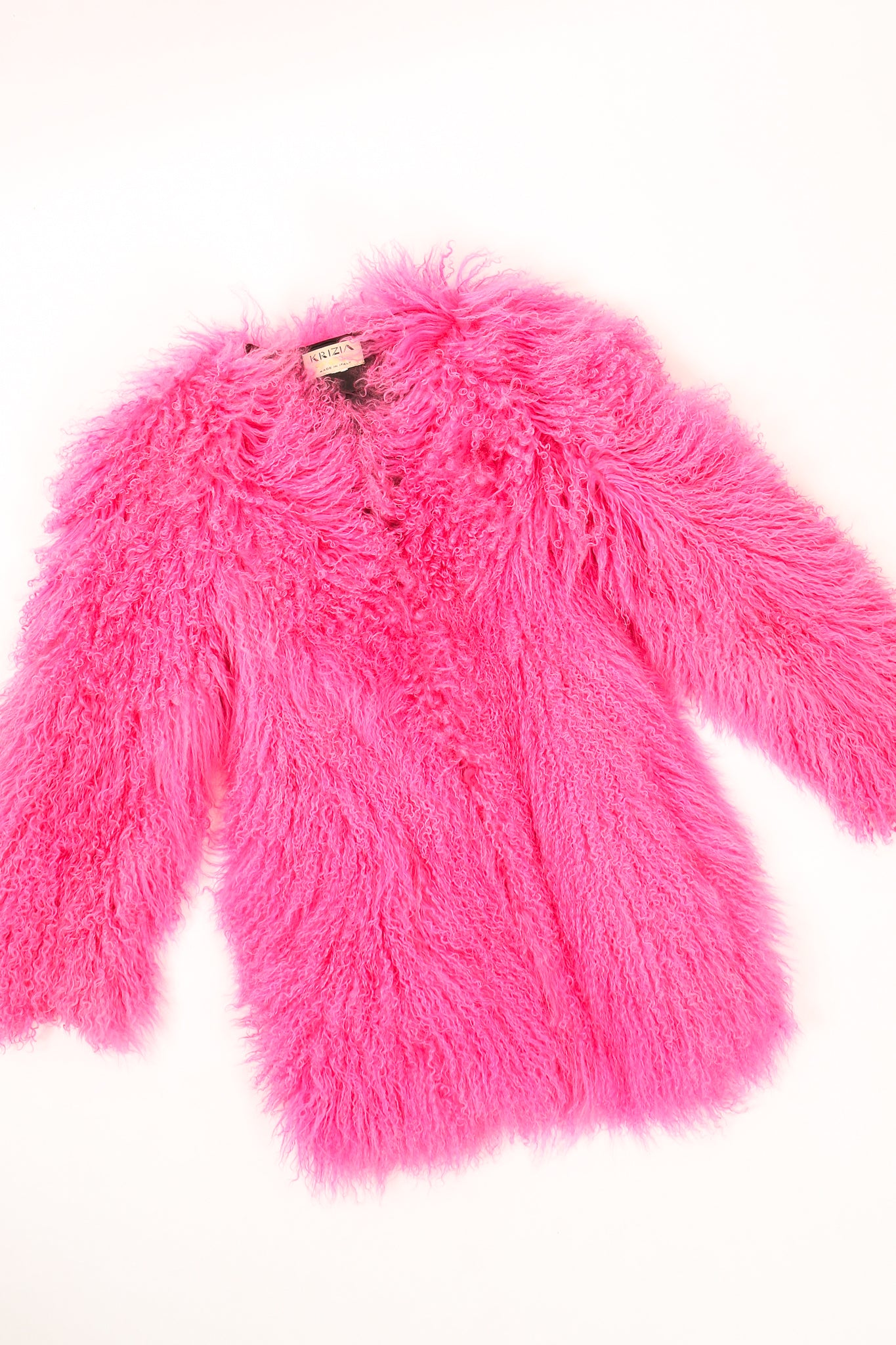 Vintage Krizia Hot pInk Slim Mongolian Fur Coat flat at Recess Los Angeles