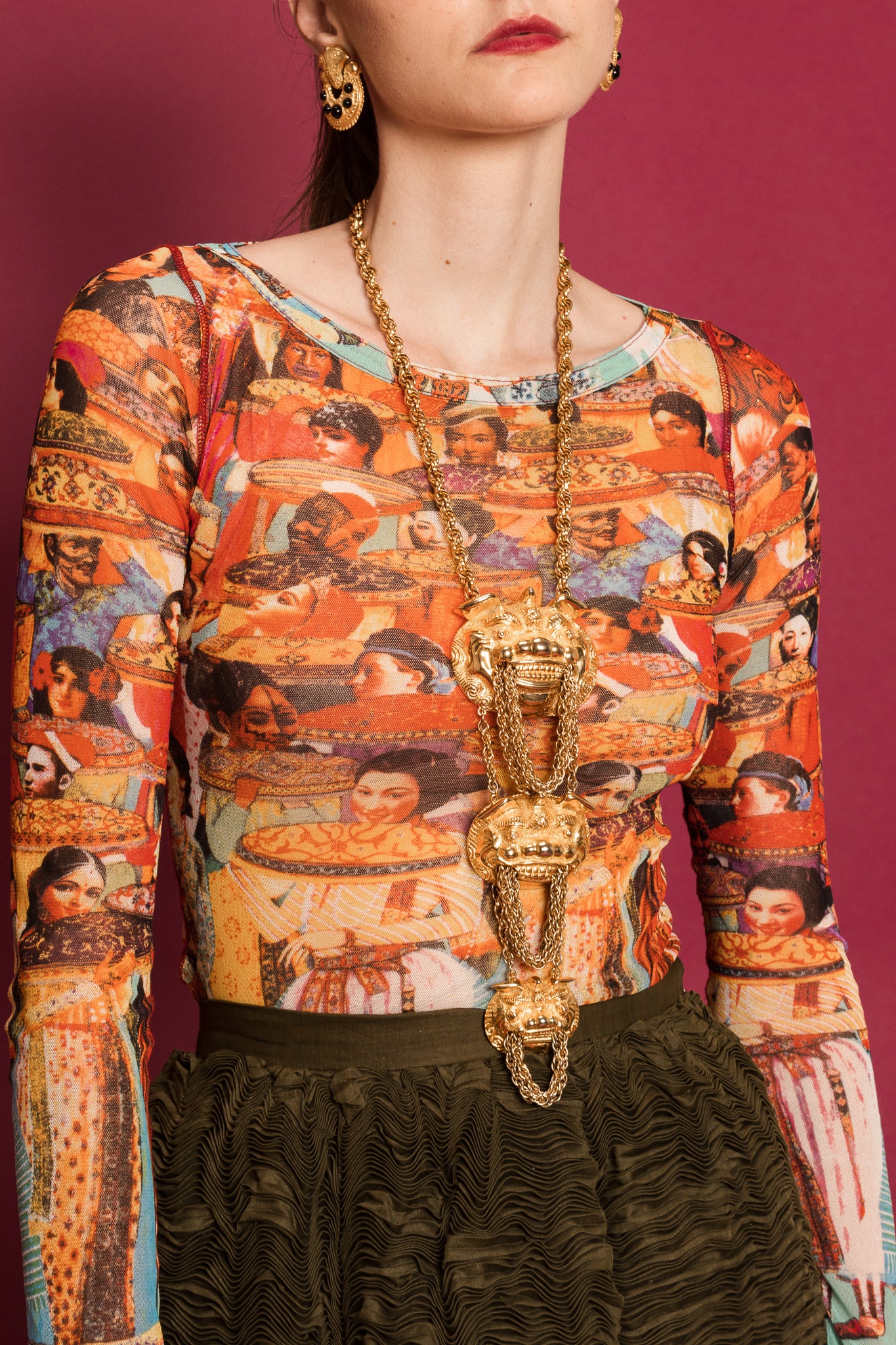 Vintage Judith Leiber Foo Dog Triple Pendant Necklace on Emily close up @ Recess LA