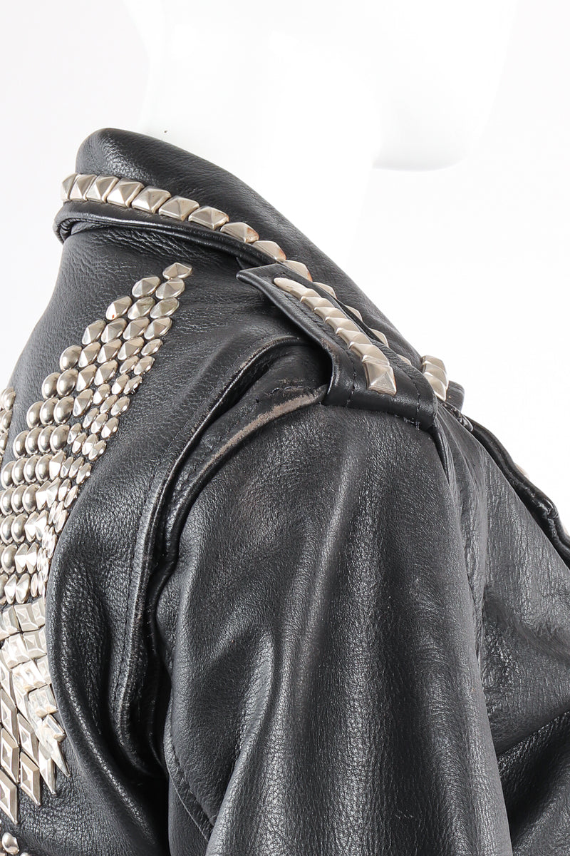 Vintage L.A. Roxx Eagle Studded Leather Biker Jacket shoulder wear at Recess Los Angeles