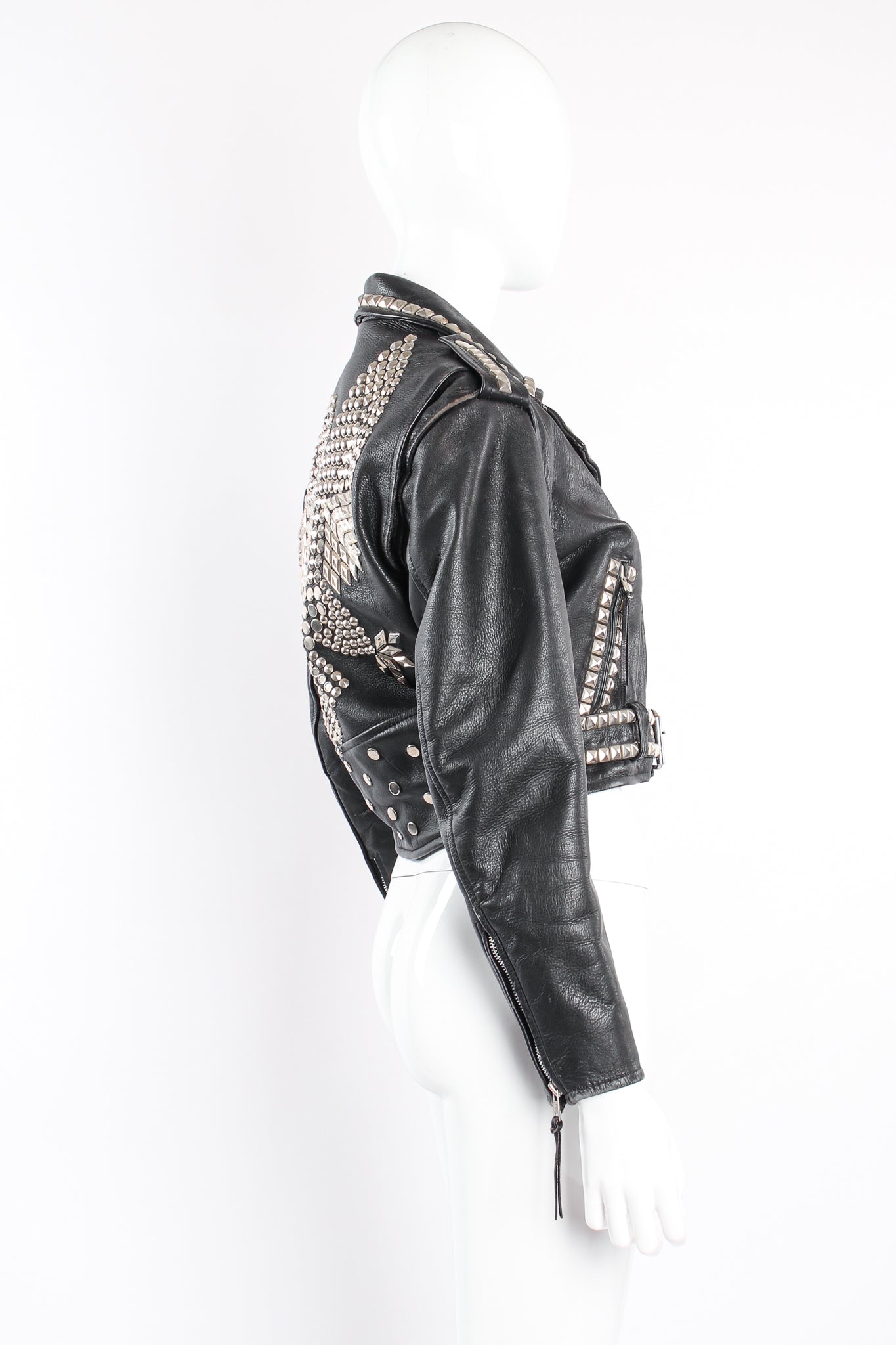 Vintage L.A. Roxx Eagle Studded Leather Biker Jacket on mannequin side at Recess Los Angeles
