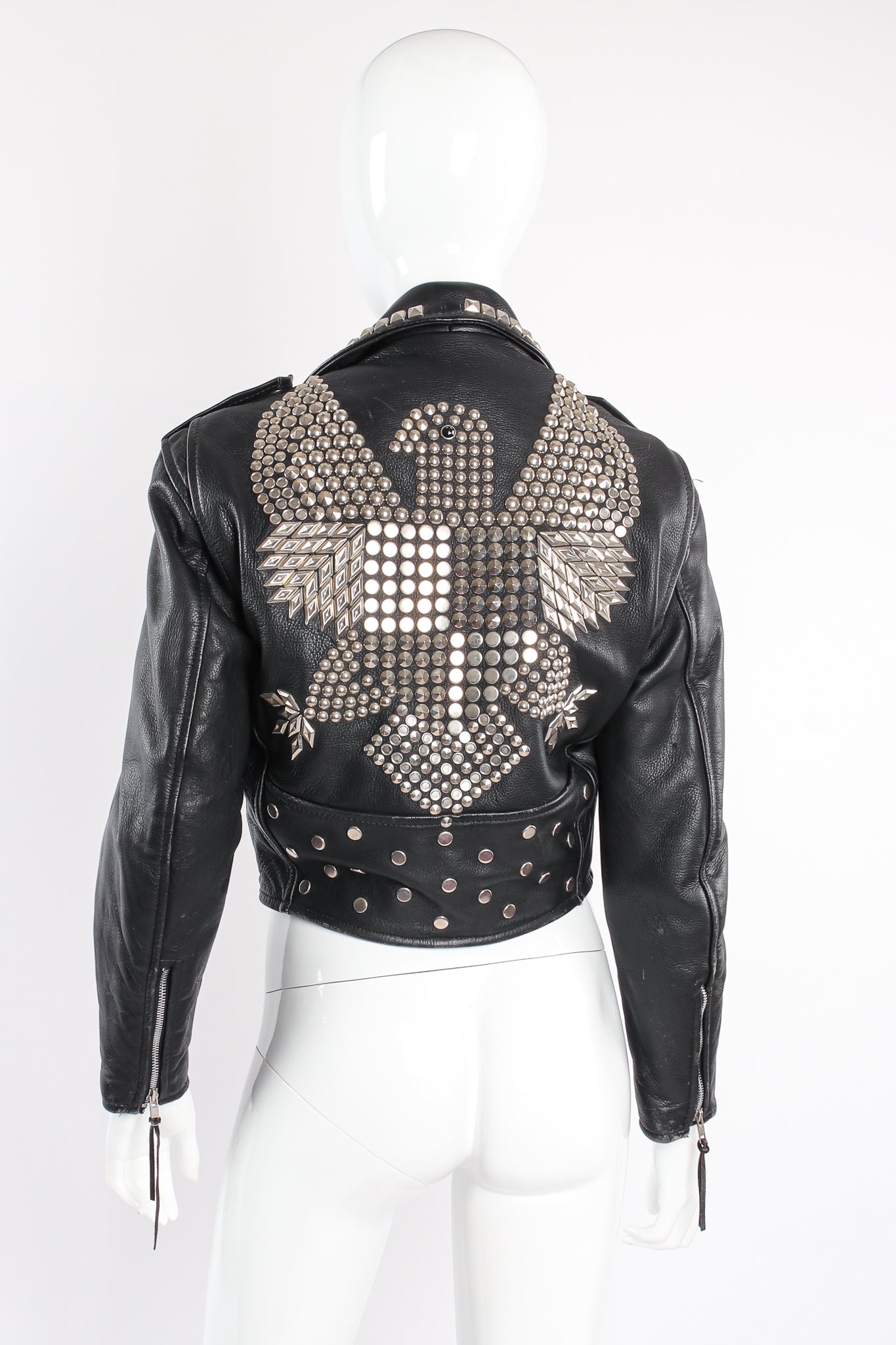 Vintage L.A. Roxx Eagle Studded Leather Biker Jacket on mannequin back at Recess Los Angeles