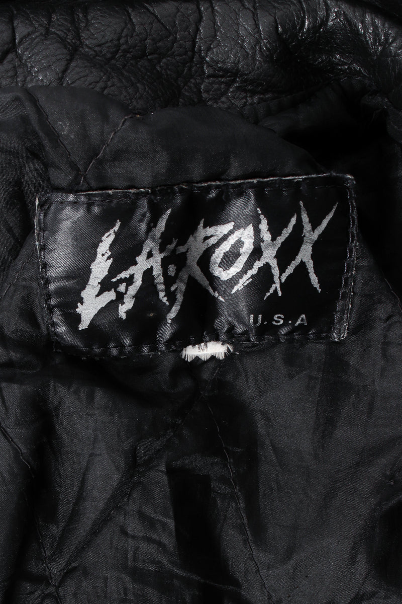 Vintage L.A. Roxx Eagle Studded Leather Biker Jacket label at Recess Los Angeles