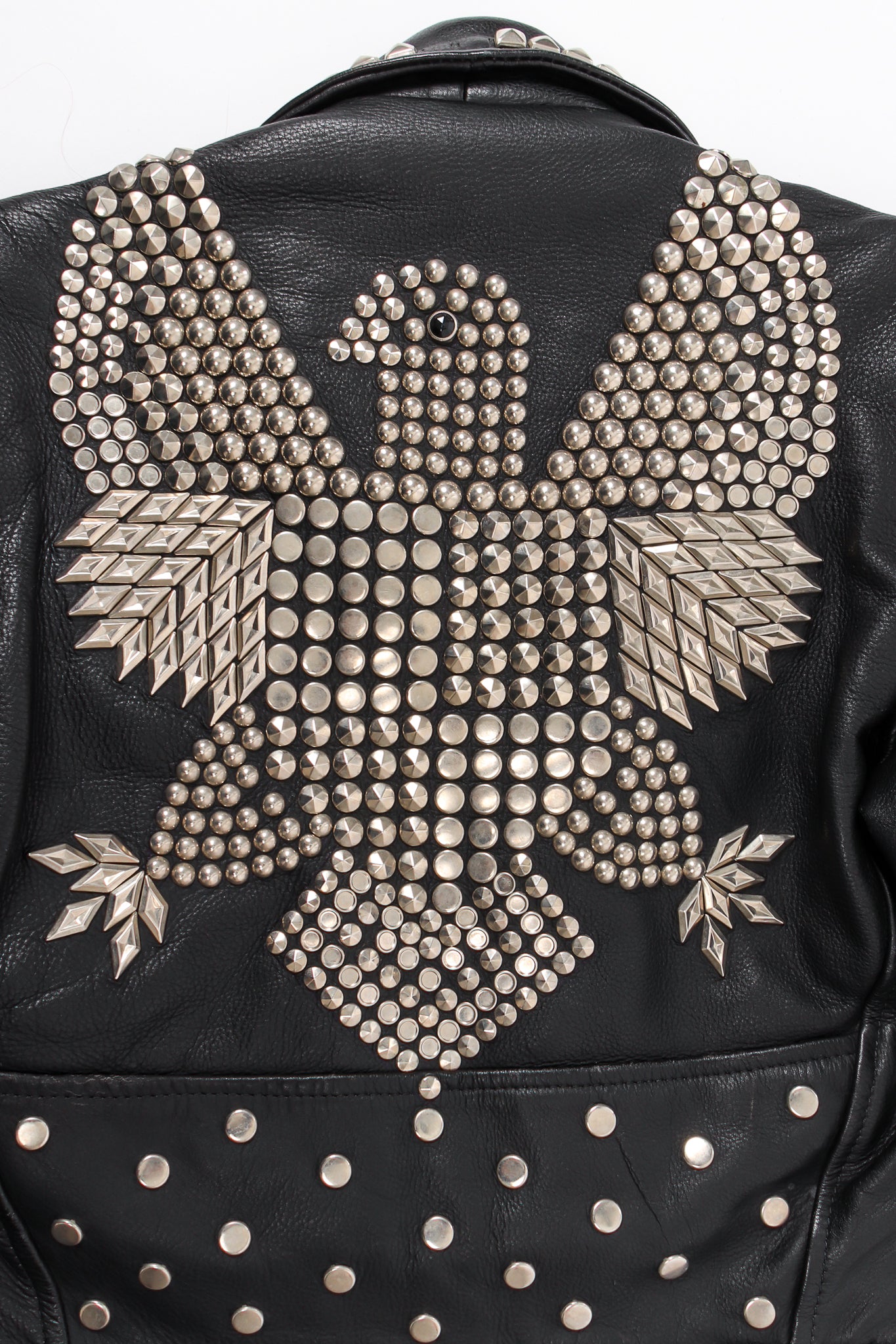 Vintage L.A. Roxx Eagle Studded Leather Biker Jacket on mannequin back detail at Recess Los Angeles