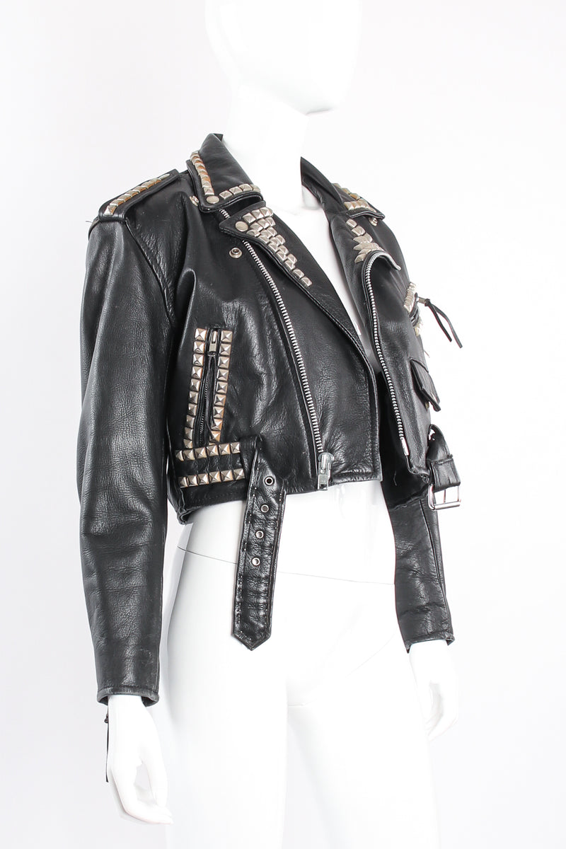 Vintage L.A. Roxx Eagle Studded Leather Biker Jacket on mannequin open at Recess Los Angeles