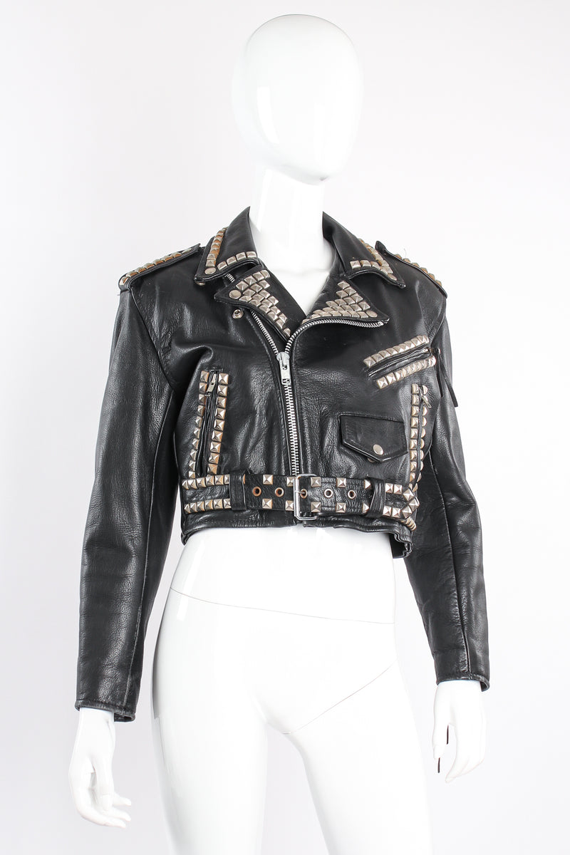 Vintage L.A. Roxx Eagle Studded Leather Biker Jacket on mannequin front at Recess Los Angeles