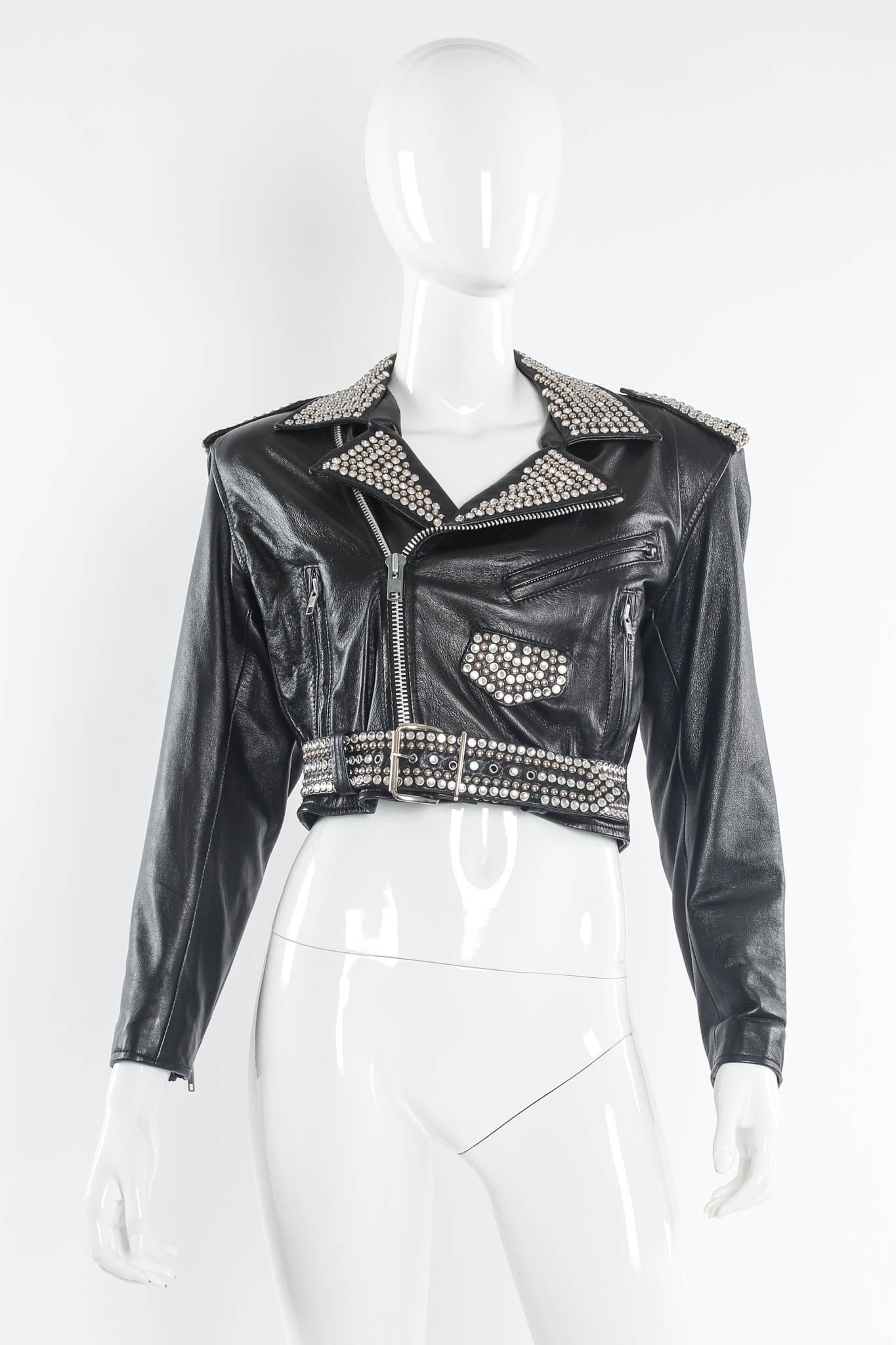 Vintage L.A. Roxx Leather Rhinestone & Studded Jacket mannequin front @ Recess LA