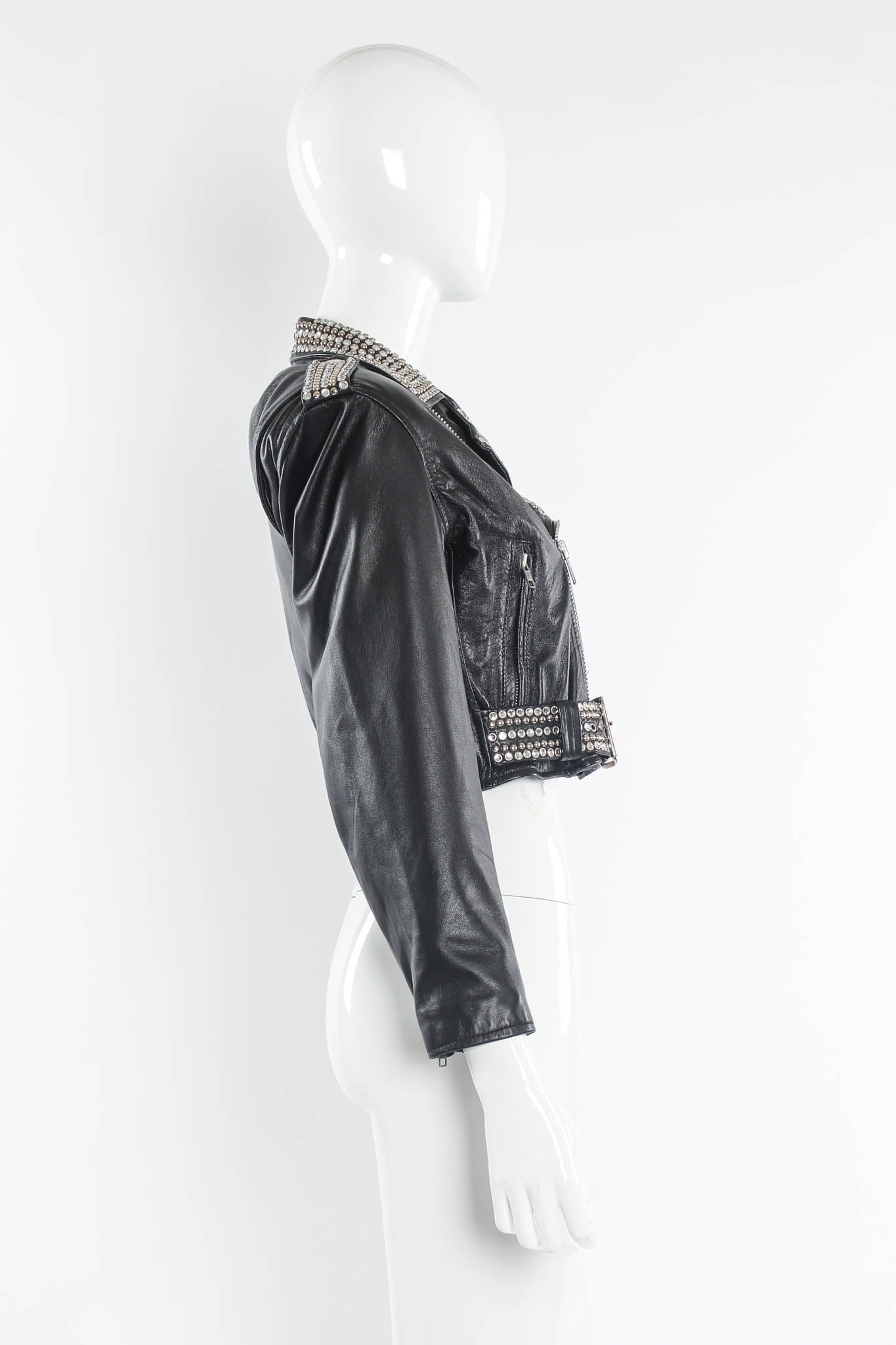Vintage L.A. Roxx Leather Rhinestone & Studded Jacket mannequin side @ Recess LA