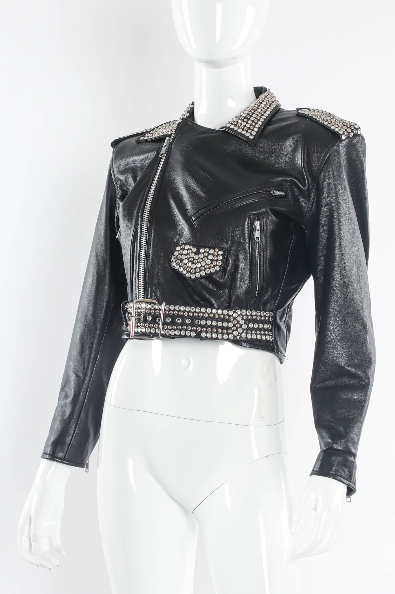 Vintage L.A. Roxx Leather Rhinestone & Studded Jacket mannequin angle @ Recess LA