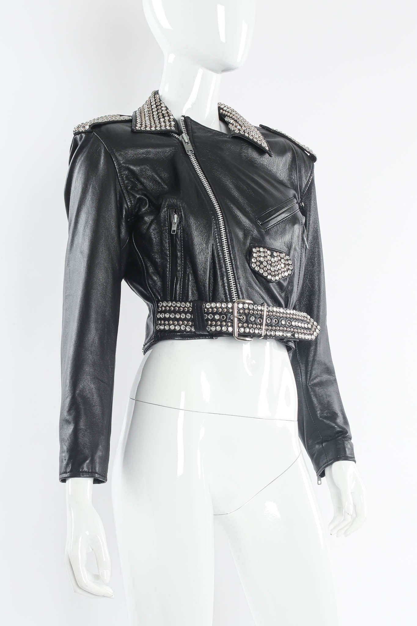 Vintage L.A. Roxx Leather Rhinestone & Studded Jacket mannequin side angle @ Recess LA