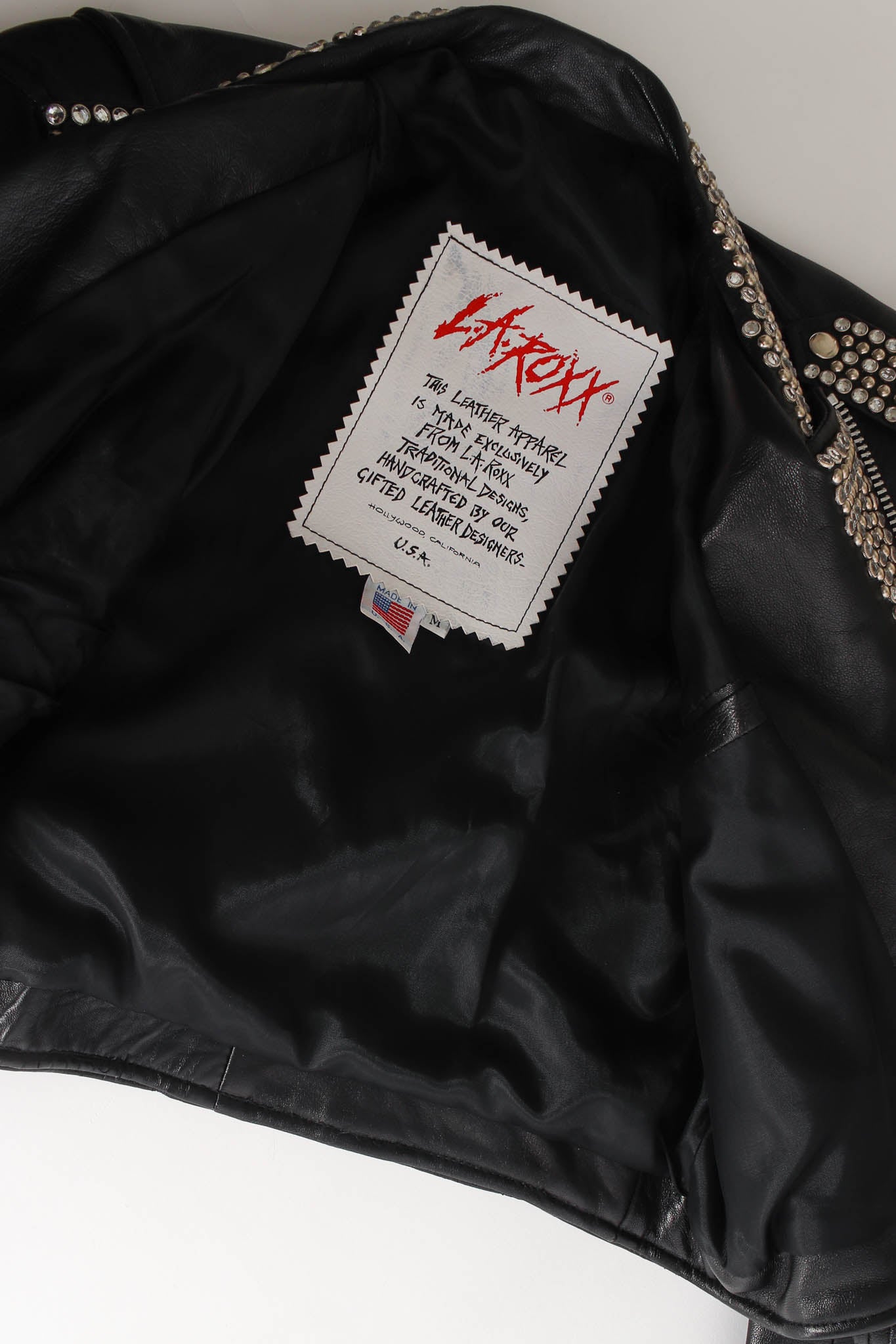 Vintage L.A. Roxx Leather Rhinestone & Studded Jacket liner @ Recess LA