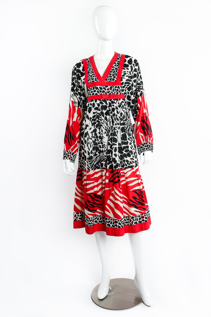 Vintage I.Magnin Mixed Animal Print Cotton Peasant Dress on Mannequin front at Recess Los Angeles