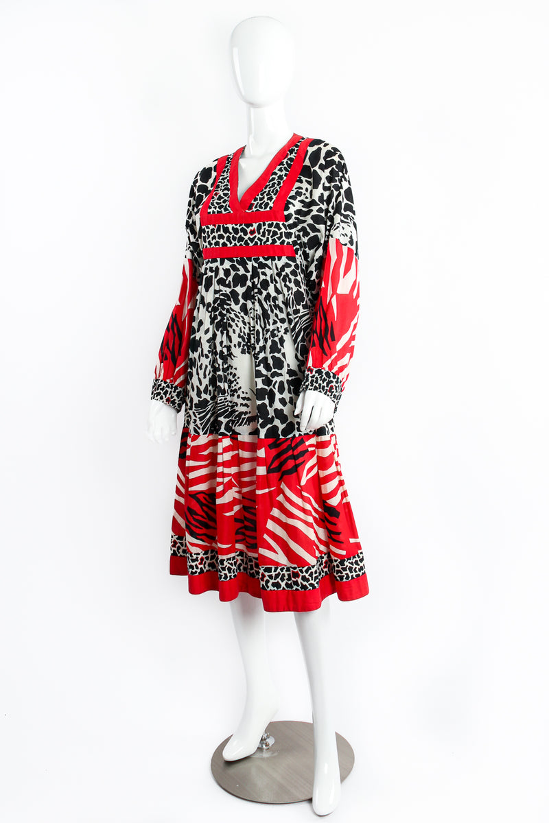 Vintage I.Magnin Mixed Animal Print Cotton Peasant Dress on Mannequin angle at Recess Los Angeles