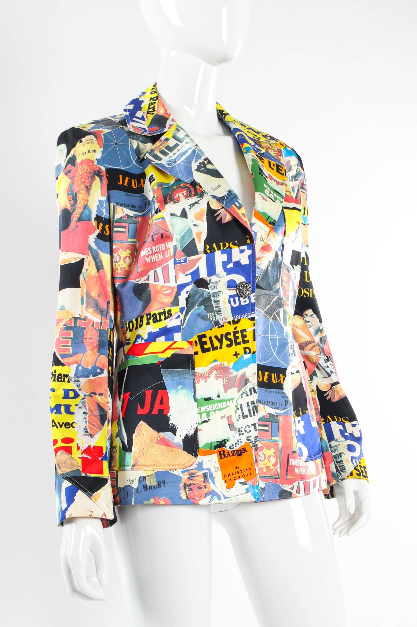 Vintage Christian Lacroix 2000s Lacerated Poster Art Blazer mannequin angle @ Recess Los Angeles