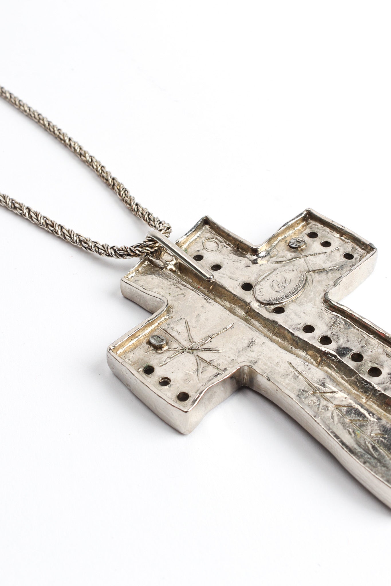 Vintage Christian Lacroix Brutalist Geo Cross Necklace pendant hook detail @ Recess LA