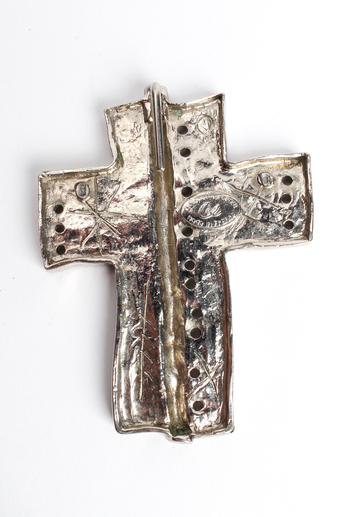 Vintage Christian Lacroix Brutalist Geo Cross Necklace back pendant signed @ Recess LA