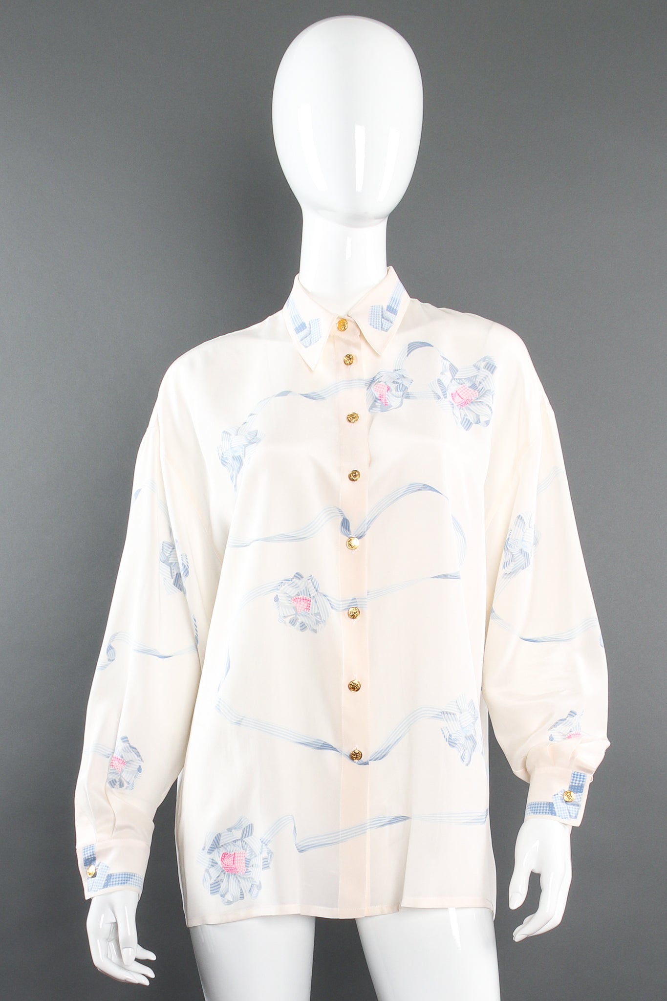 Vintage Escada Le Dolce Vita Ribbon Shirt on Mannequin front at Recess Los Angeles