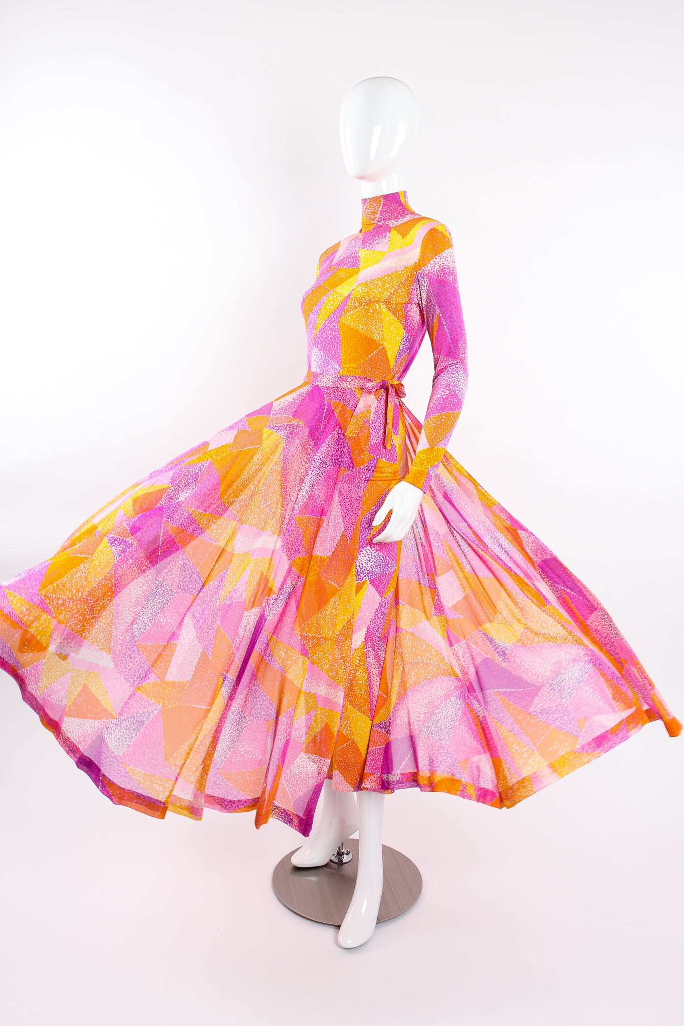 Vintage La Mendola Geometric Silk Jersey Dress & Overskirt on Mannequin flare @ Recess LA