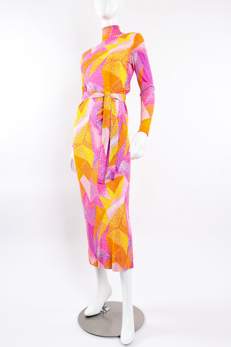 Vintage La Mendola Geometric Silk Jersey Dress belted on Mannequin front angle @ Recess LA