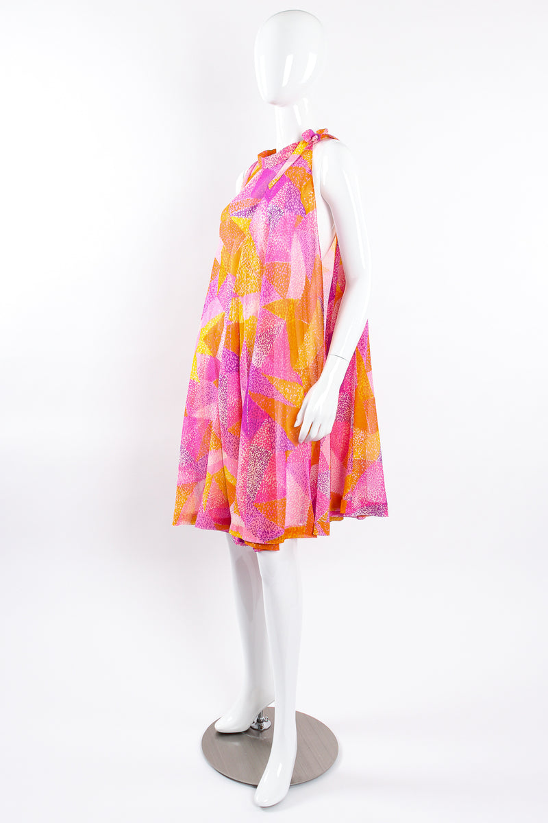 dress in floral and abstract geometric printed silk jersey EMILIO PUCCI c.1960s Orange Abstract Signature Print Jersey V-Neck Dress Size 10