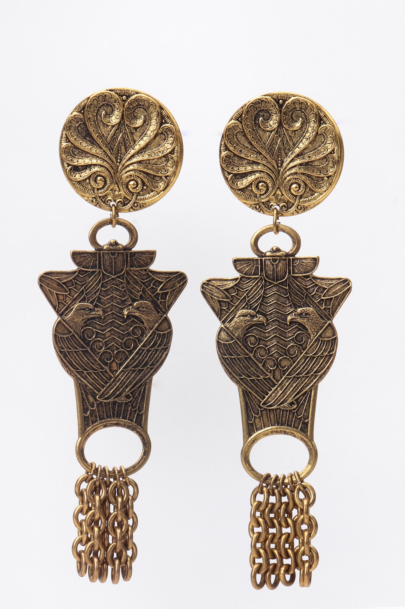 Recess Los Angeles Vintage La Porte Bleue Brass Eagle Drop Earrings Egyptian Revival Scarab