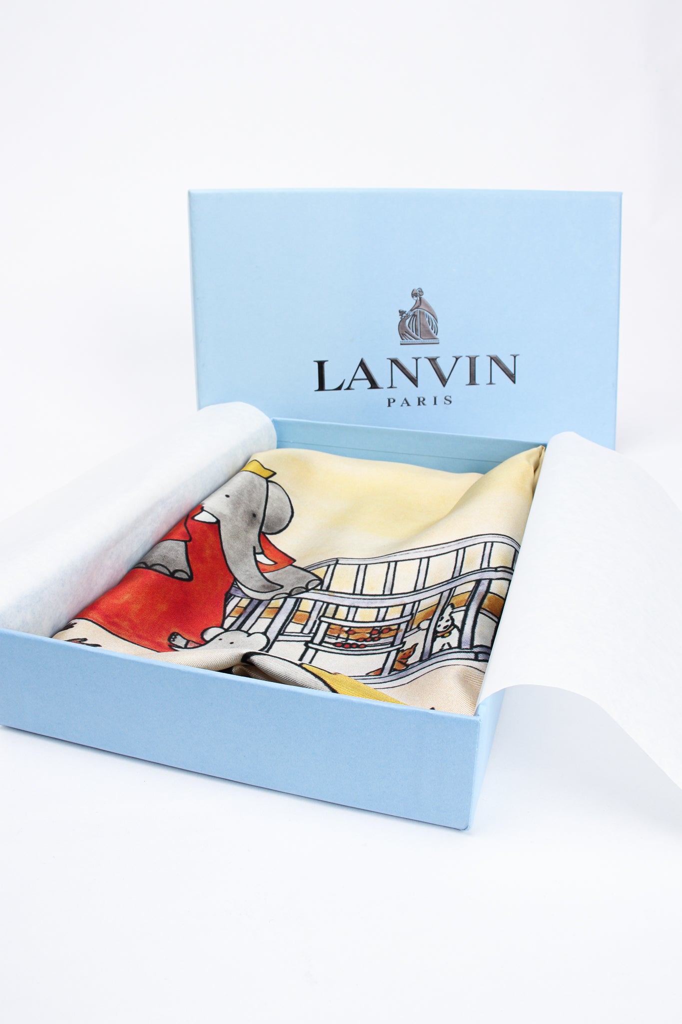 Lanvin Collaboration Babar the Elephant AW 2019 Family Print Silk Scarf gift box at Recess LA