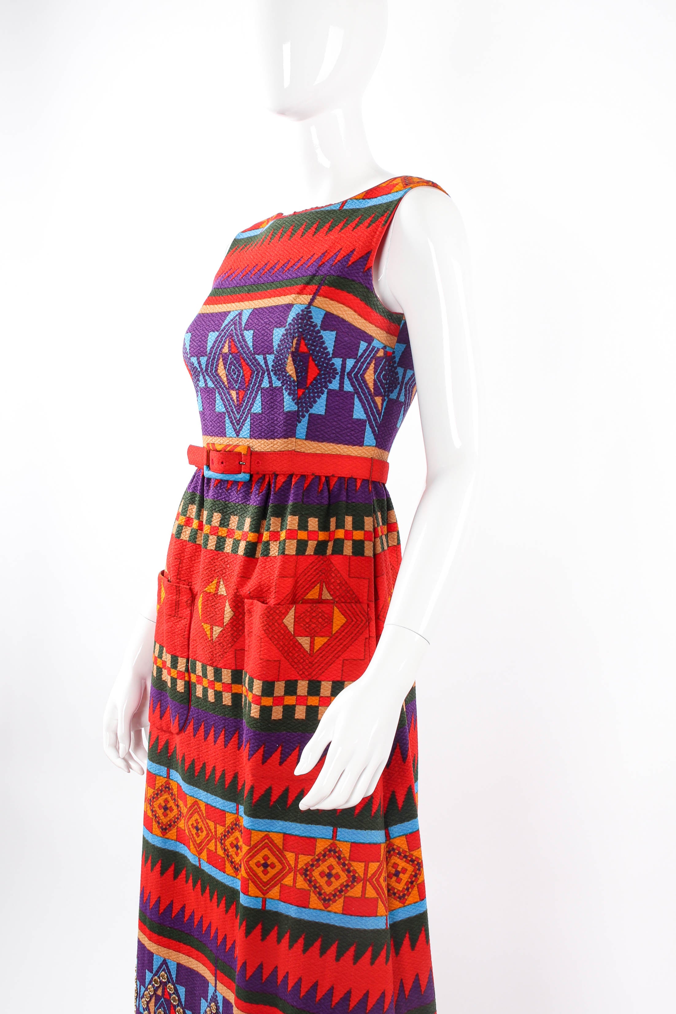 Vintage Lanvin Geo Ikat Print Dress mannequin angle with belt  @ Recess LA