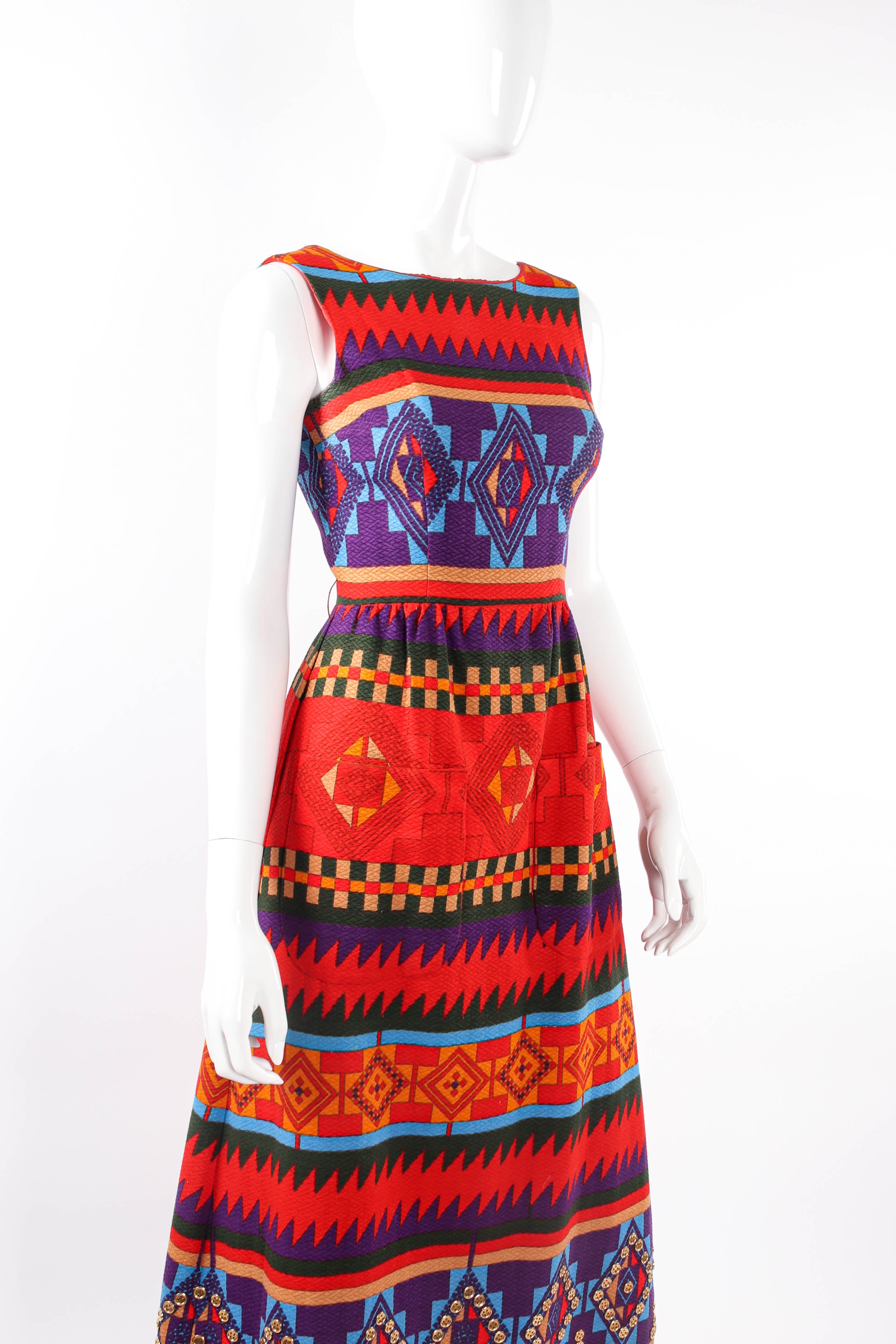 Vintage Lanvin Geo Ikat Print Dress mannequin angle without belt  @ Recess LA