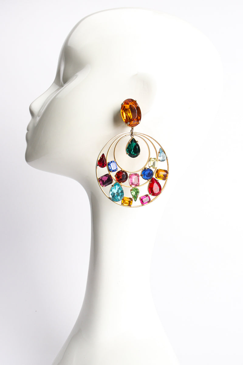 Vintage Rainbow Jeweled Hoop Drop Earrings on mannequin at Recess Los Angeles