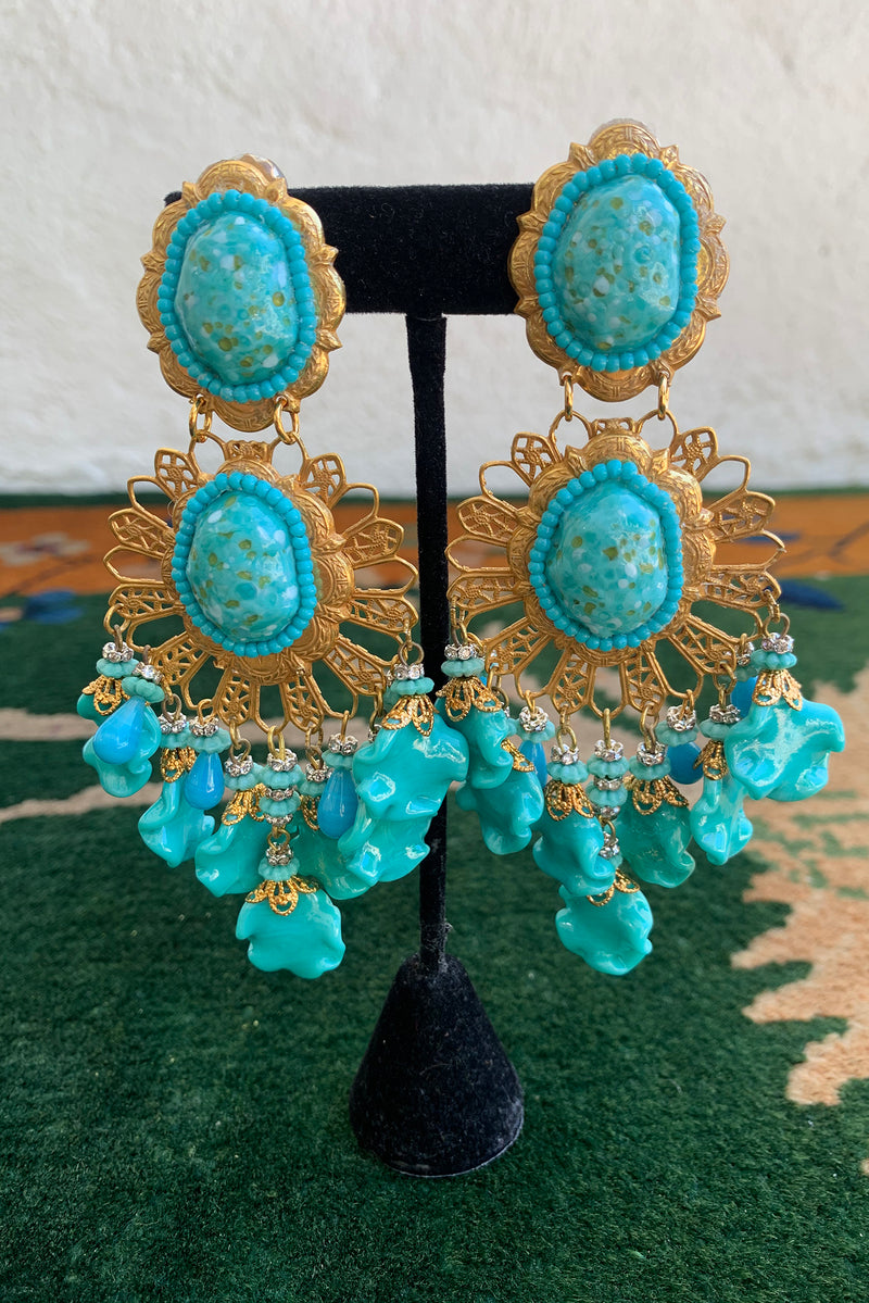 Vintage Lawrence Larry Vrba Turquoise Drop Chandelier Earrings on stand at Recess Los Angeles