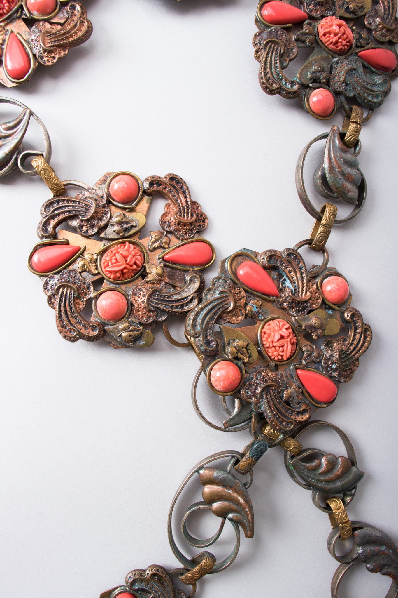 Artisan Vintage Bronze Carved Coral Chain Belt