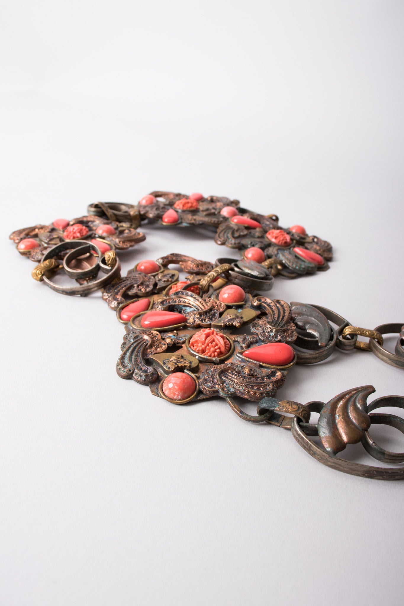 Artisan Vintage Bronze Carved Coral Chain Belt